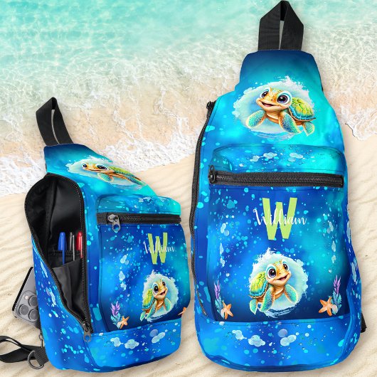 Schattige Happy Turtle Boy Ocean Blue Naam Sling Bag
