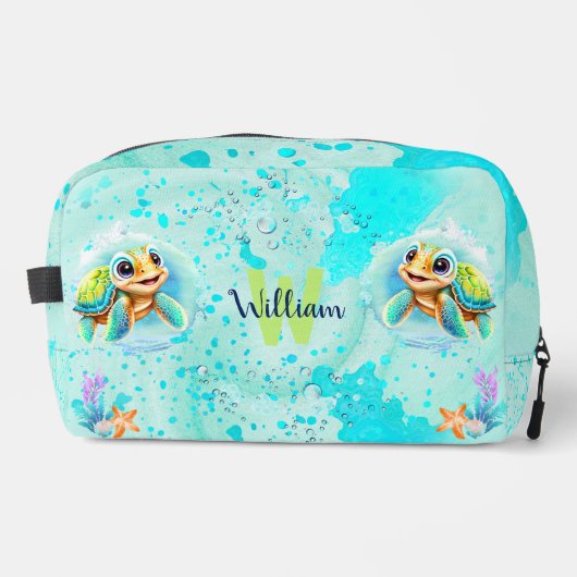 Schattige Happy Turtle Boy Ocean Turquoise Naam Toilettasje (Voorkant)