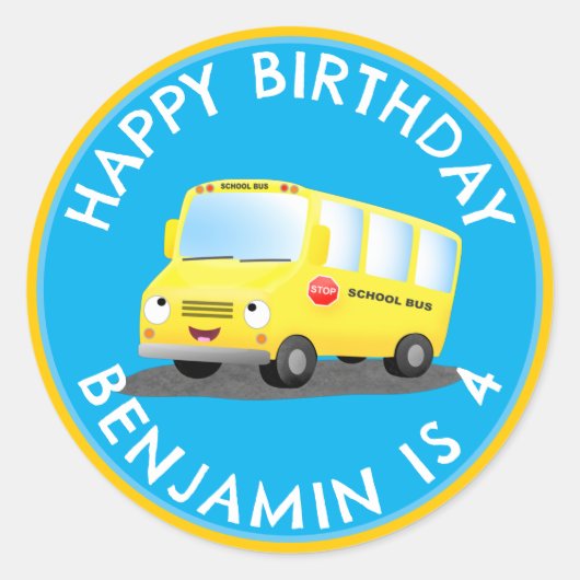 Schattige Happy Yellow schoolbus Gepersonaliseerd Ronde Sticker (Voorkant)