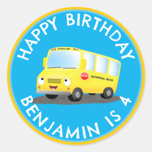 Schattige Happy Yellow schoolbus Gepersonaliseerd  Ronde Sticker