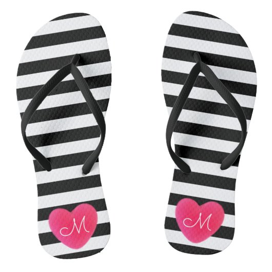 Schattige hart monogram met zwarte en witte strepe teenslippers (Voetbed)
