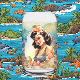 Schattige Hawaii strand Retro lady strand huis Blikvorm Glas