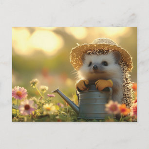Schattige Hedgehog Gardener in een bloemenveld Feestdagenkaart