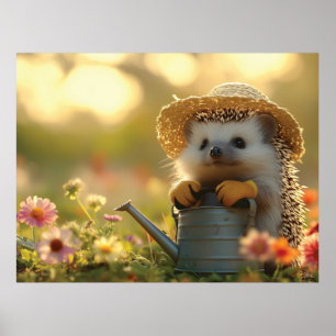 Schattige Hedgehog Gardener in een bloemenveld Poster