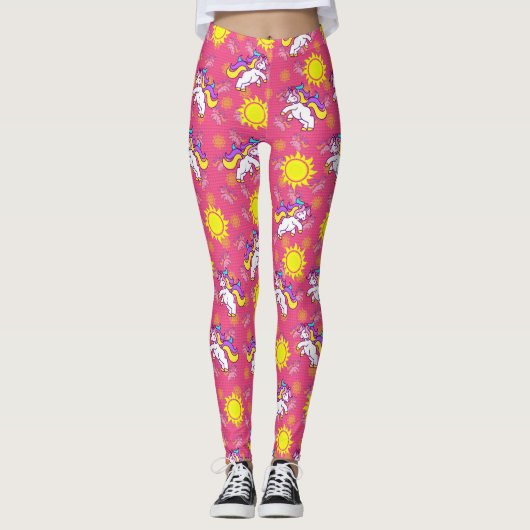 Schattige Heet Roze Zonnig Eenhoorn Patroon Ontwer Leggings (Voorkant)