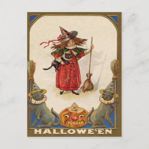 Schattige Heks Zwarte Kat Jack O' Lantern Briefkaart