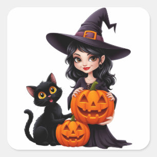 Schattige Heks Zwarte Kat Pompoen Halloween 🧙‍♀️ Vierkante Sticker