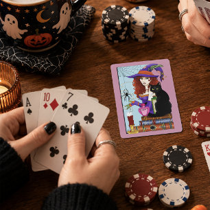 Schattige Heks Zwarte Kat Roze Toverdranken Boeken Pokerkaarten