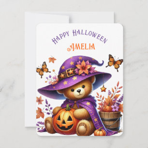 Schattige Heksenbeer Pompoen Gelukkig Halloween Feestdagenkaart