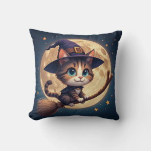Schattige Heksenkat Onder Sterren En Volle Maan 🎃 Kussen