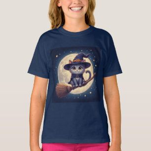 Schattige Heksenkat Vliegend Over Nacht van Volle T-shirt