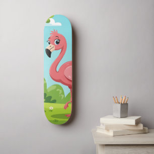 Schattige helderroze flamingo in tuin skateboard