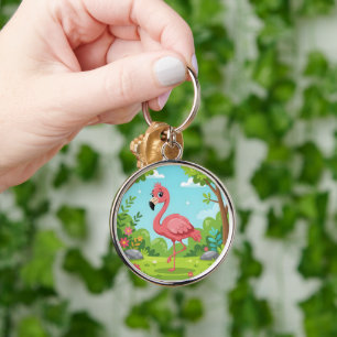 Schattige helderroze flamingo in tuin sleutelhanger