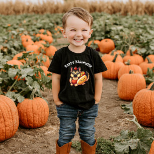 Schattige herdershond met hotdogkostuum Halloween