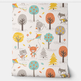 Schattige herfst bosdieren met vliegers en bomen behang