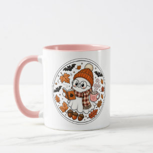 Schattige herfst Halloween-geest met warme chocola Mok