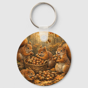 Schattige herfsteekhoorns op eikel-feestje sleutelhanger