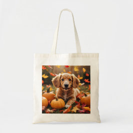Schattige herfstpuppy met pompoenen Tas