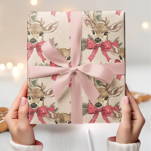 Schattige hert met Red Bow Neutral Christmas Cadeaupapier
