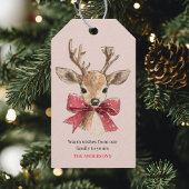 Schattige hert met rode strik | Roze Kerstmis Cadeaulabel
