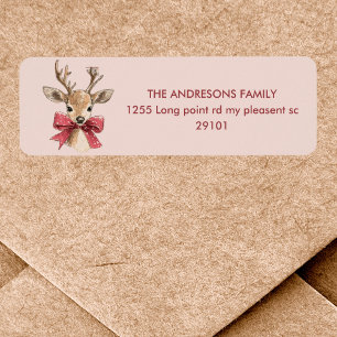 Schattige hert met rode strik   Roze Kerstmis Etiket