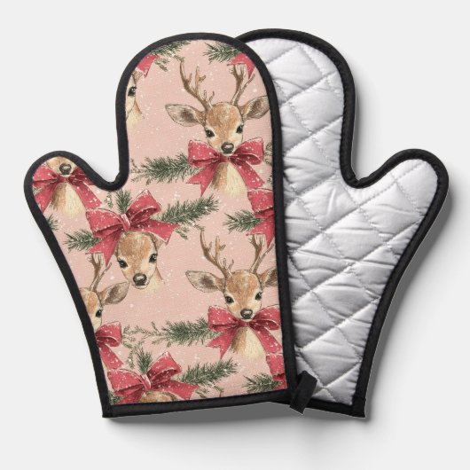 Schattige hert met rode strik | Roze Kerstmis Ovenwant (Voorkant / Achterkant)