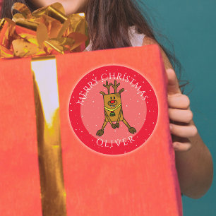 Schattige Herten Rood Kerst Kind`s Naam Cadeau Lab Ronde Sticker