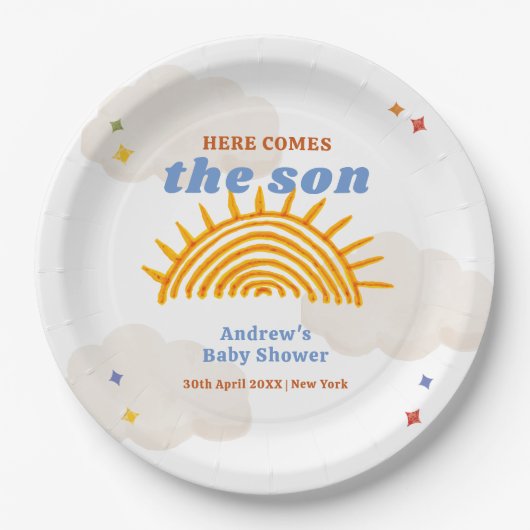Schattige hier komt de Son Sunshine Baby shower Papieren Bordje (Voorkant)