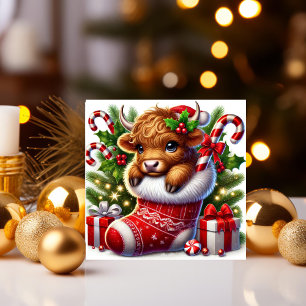 Schattige Highland-kalf in Kerstsok Feestdagenkaart