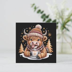 Schattige Highland Koe Kerstbomen Warme Chocolade Feestdagenkaart