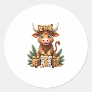 Schattige Highland Koe Kerstman Santa Highland Koe Ronde Sticker
