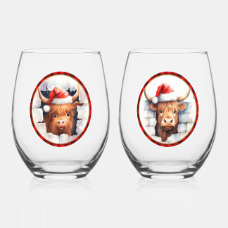 Schattige Highland Koeien Kerstmutsen Bewerkbare T Wijnglas Zonder Voet