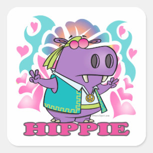 schattige hippie hippo cartoon met tekst vierkante sticker