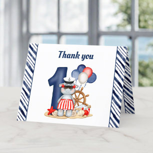 Schattige Hippo Nautical Navy Blue 1st Birthday Bo Bedankkaart