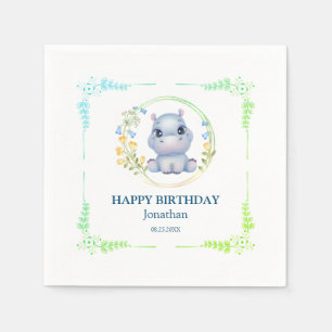 Schattige Hippopotamus Flower Wreath Happy Birthda Servet