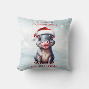 Schattige Hippopotamus Santa Hat Sneeuwwitje Kerst Kussen