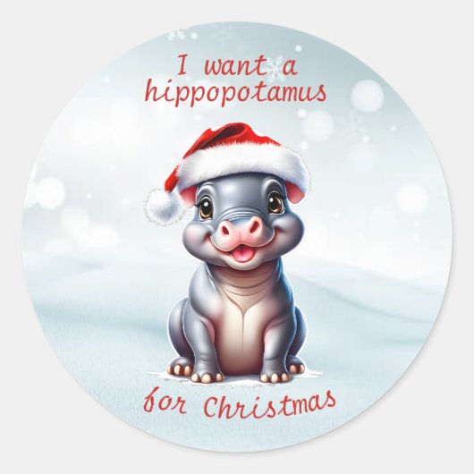 Schattige Hippopotamus Santa Hat Sneeuwwitje Kerst Ronde Sticker (Voorkant)