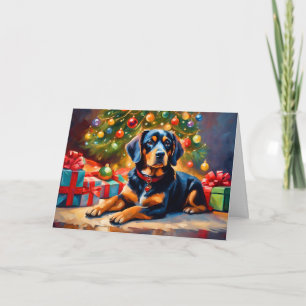 Schattige hond bij de kerstboom feestdagen kaart