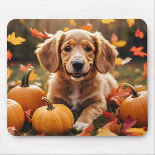 Schattige hond met herfstbladeren en pompoenen muismat
