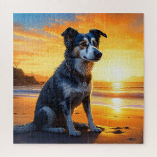 Schattige hond op het strand bij zonsondergang legpuzzel