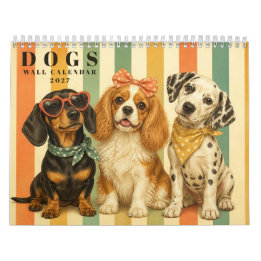 Schattige honden in retro strepen, kleurrijke huis kalender