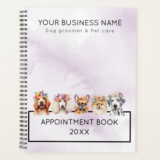Schattige honden met bloemkroon, waterverf paarse planner (Voorkant)