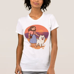 Schattige hondenmoeder loopt met pluizige pup op h t-shirt