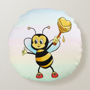 Schattige honingbij met hart op pastel kleur rond kussen