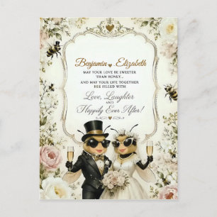 Schattige honingbijen, elegante bloem bruiloft briefkaart