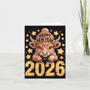Schattige Hoogland Koe Gelukkig Nieuwjaar 2026 T-s Kaart