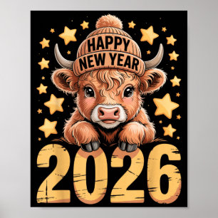 Schattige Hoogland Koe Gelukkig Nieuwjaar 2026 T-s Poster