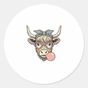 Schattige Hoogland Koe Kaugummi Vintage Vector Ont Ronde Sticker