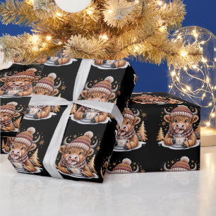 Schattige Hoogland Koe Kerstbomen Warme Chocolade Cadeaupapier