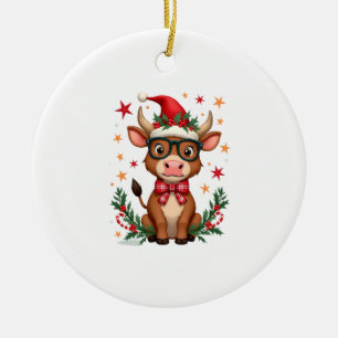 Schattige Hoogland Koe Liefhebber Kerstman Hoed We Keramisch Ornament